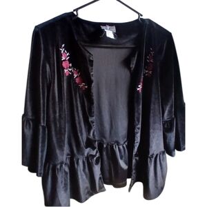Fair Lady Black Velvet Embroidered Floral Peplum Cardigan /  Shrug
